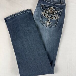 Y2K Earl Jean Embellished SlimBoot Cut Jeans Sz 8 Rhinestone Embroidered Pockets